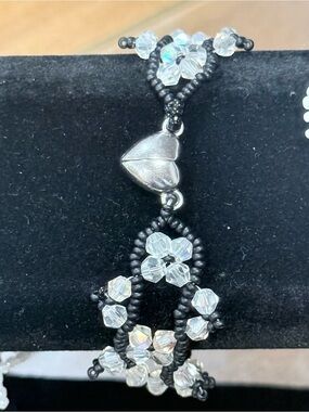 Handmade Black Beaded Bracelet with Clear Crystal Flowers